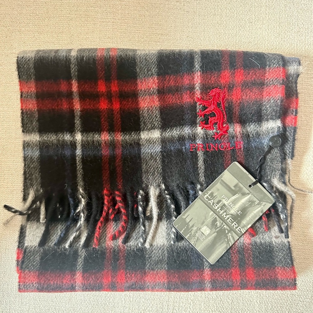 Pringle Black and Red Tartan Wool Scarf